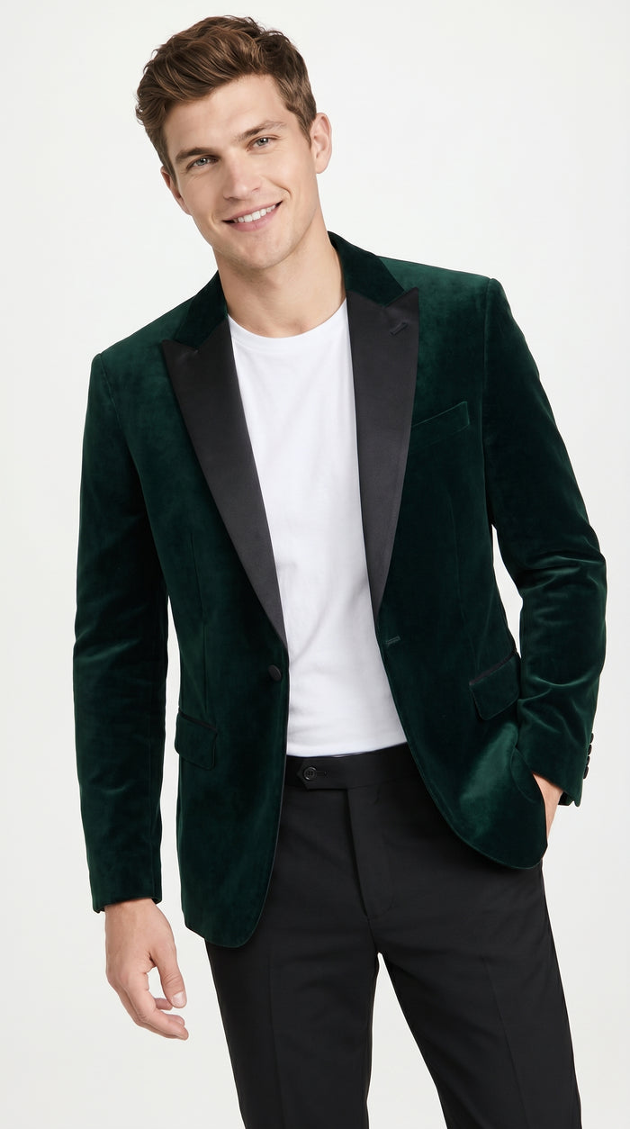 Men’s Olive Hunter Green Velvet Tuxedo Jacket with Black Satin Lapel, Formal Dinner Blazer