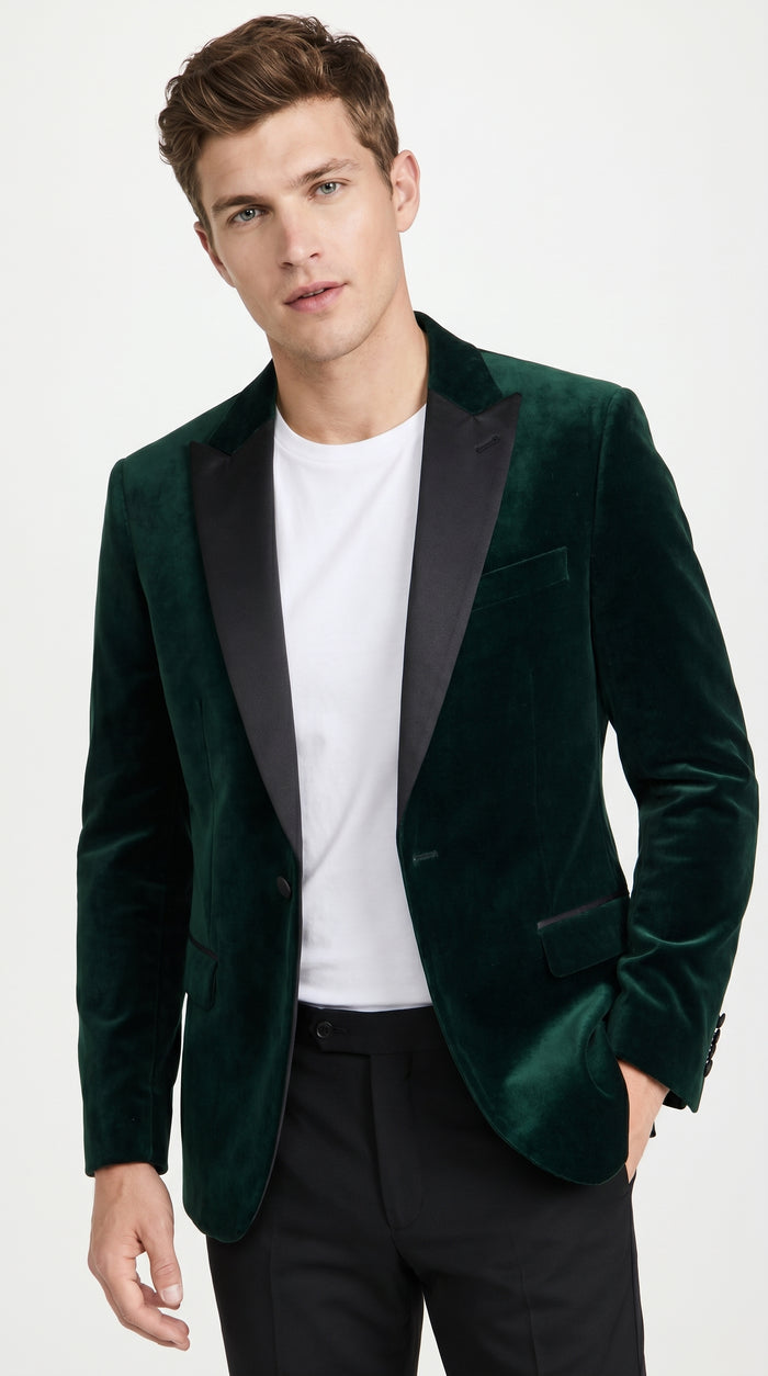 Men’s Olive Hunter Green Velvet Tuxedo Jacket with Black Satin Lapel, Formal Dinner Blazer