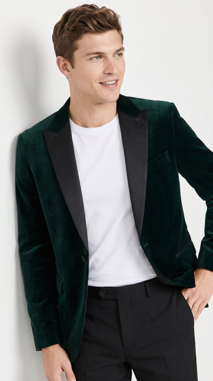 Men’s Olive Hunter Green Velvet Tuxedo Jacket with Black Satin Lapel, Formal Dinner Blazer