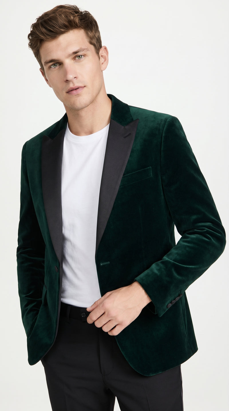 Men’s Olive Hunter Green Velvet Tuxedo Jacket with Black Satin Lapel, Formal Dinner Blazer