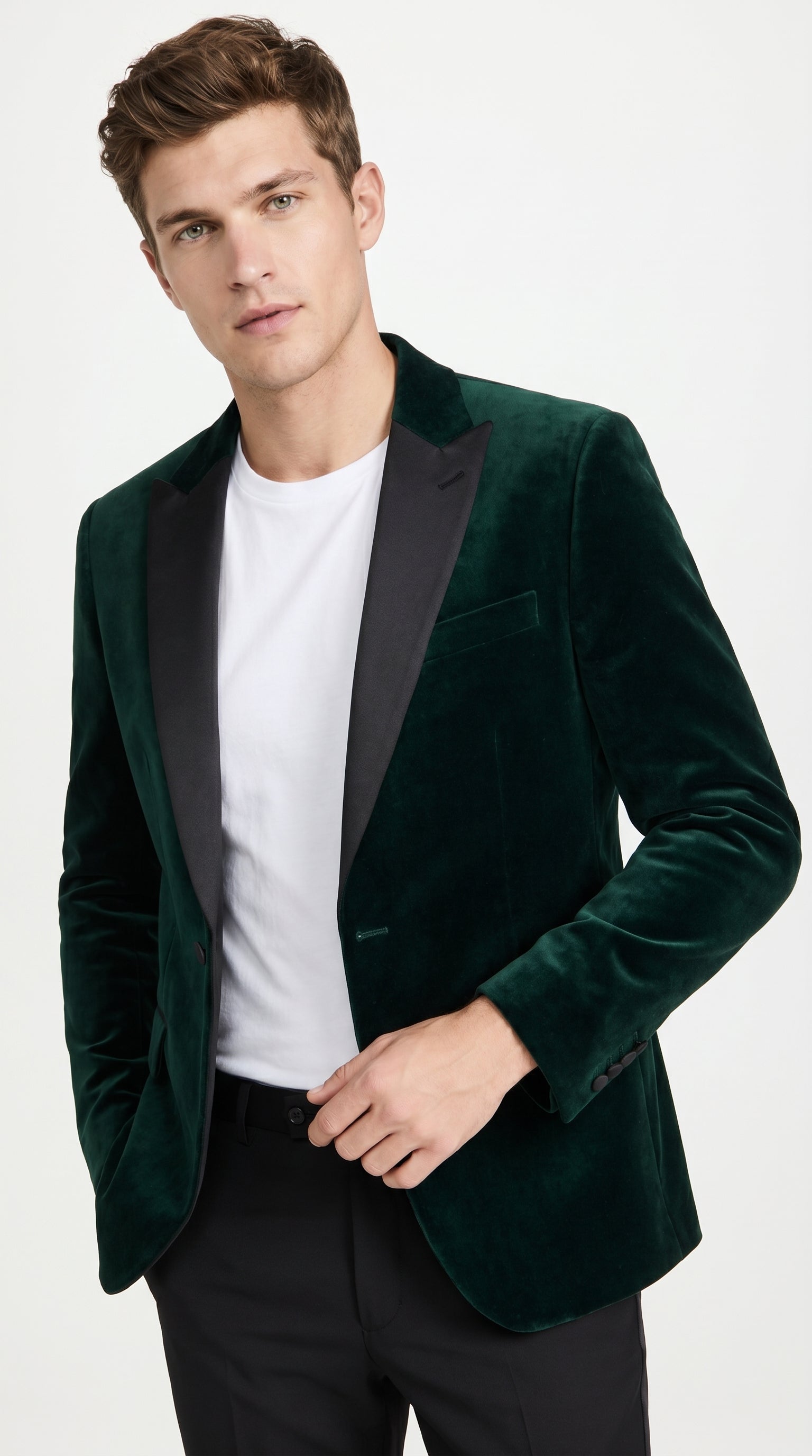 Men’s Olive Hunter Green Velvet Tuxedo Jacket with Black Satin Lapel, Formal Dinner Blazer