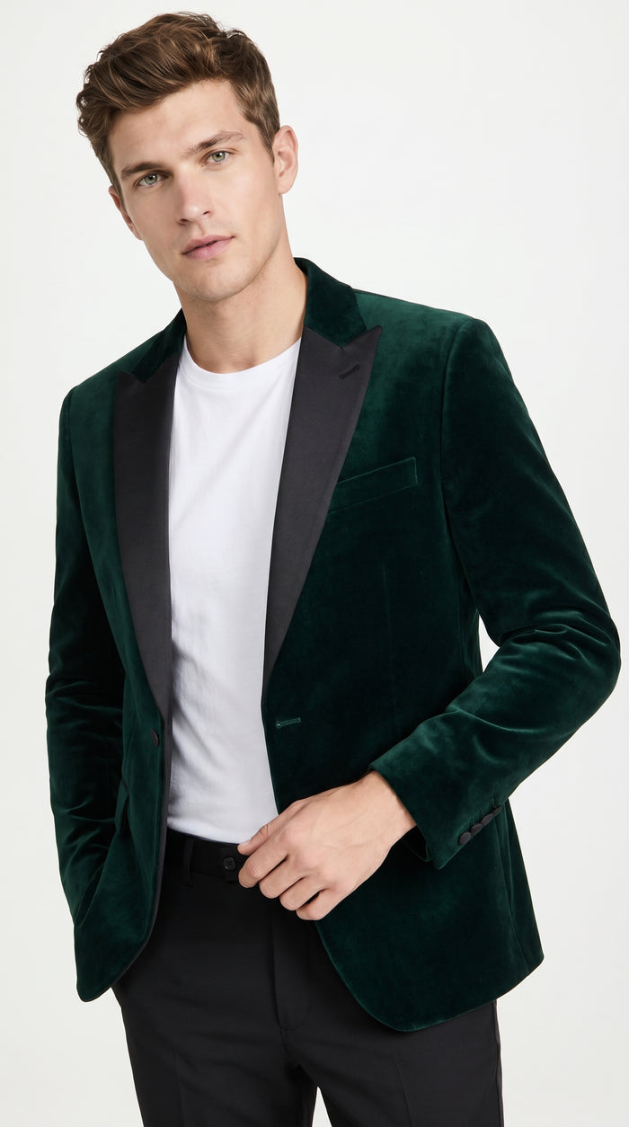 Men’s Olive Hunter Green Velvet Tuxedo Jacket with Black Satin Lapel, Formal Dinner Blazer