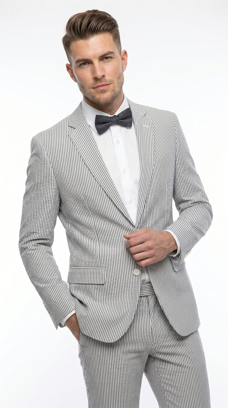 Men’s Gray Seersucker Suit, Lightweight Summer Wedding Prom Dress Suit