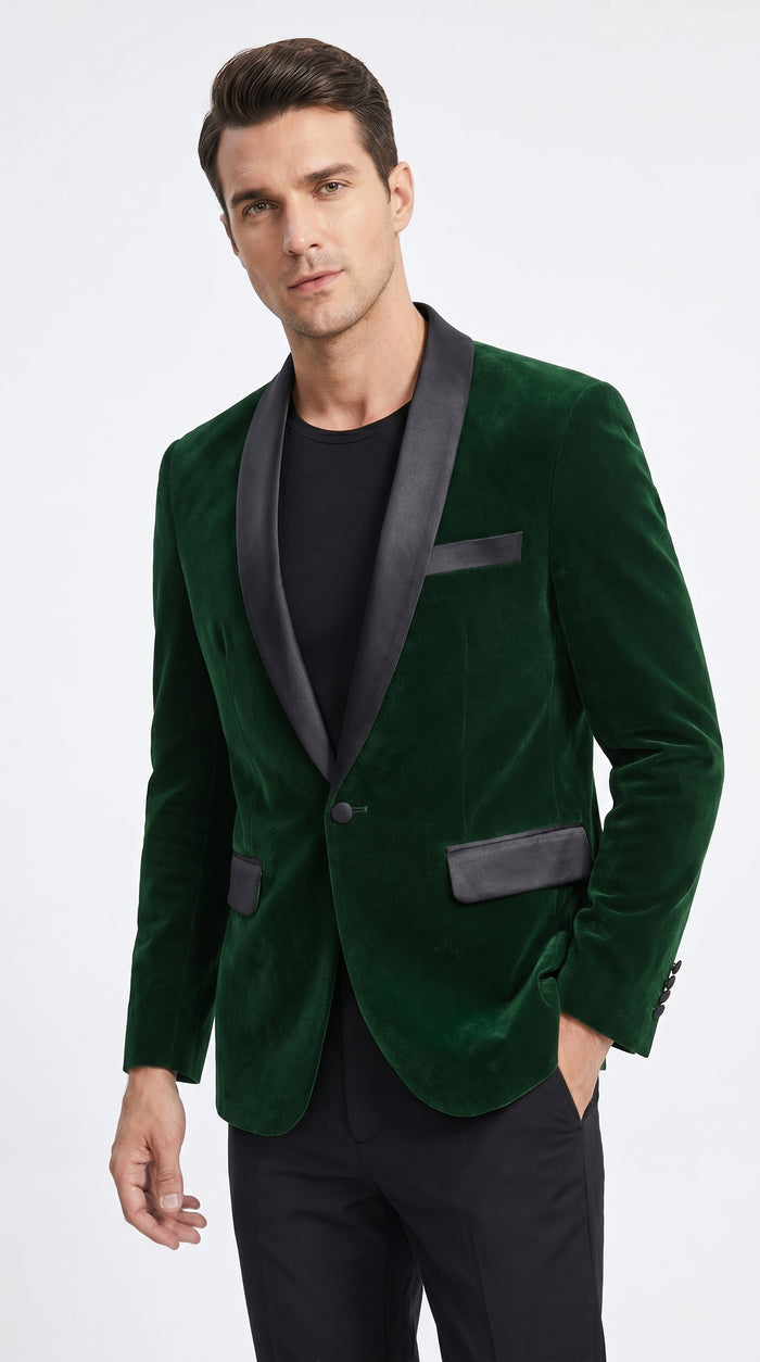 Men’s Emerald Green Velvet Blazer with Black Satin Shawl Lapel, Formal Dinner Jacket