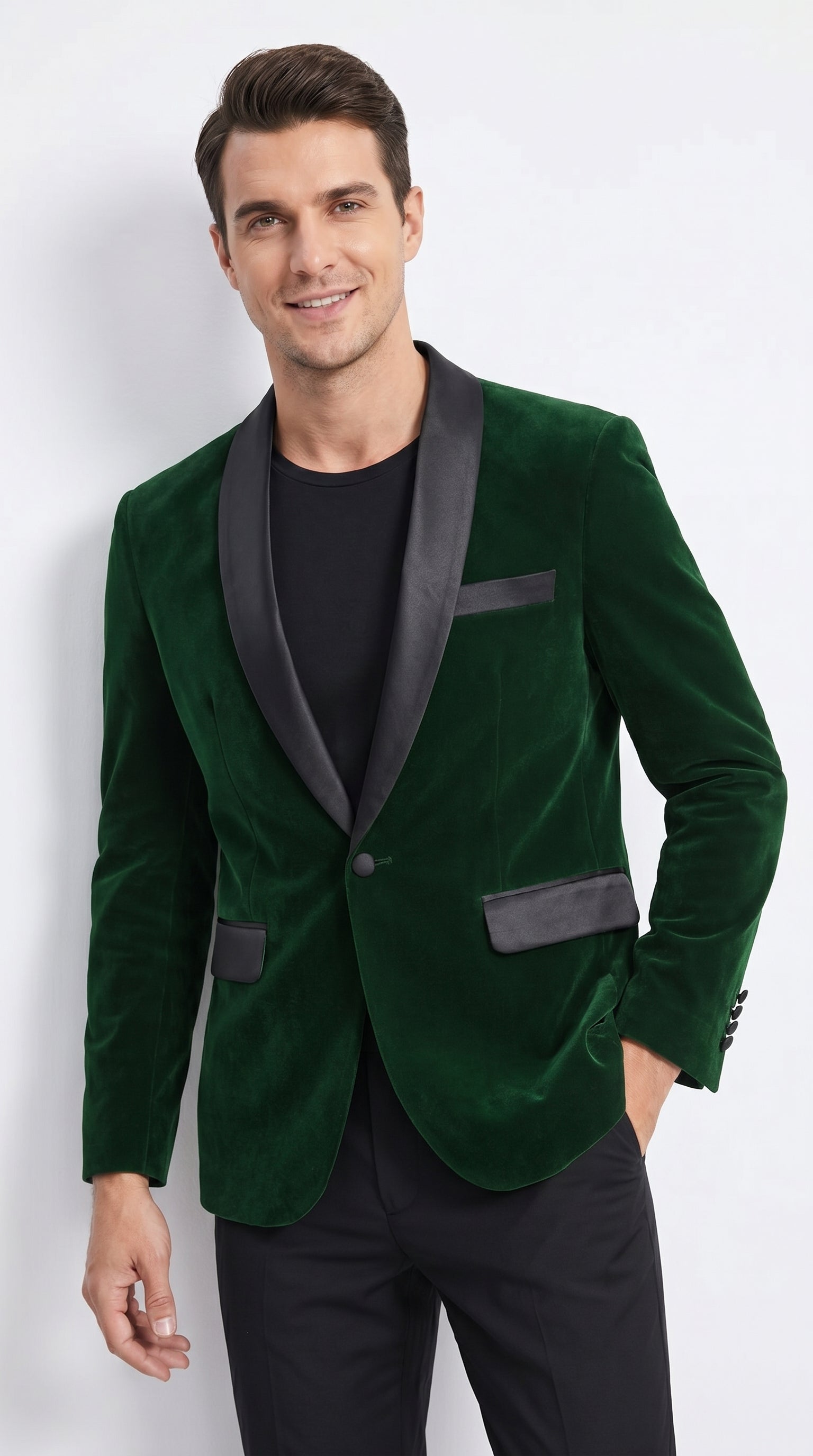 Men’s Emerald Green Velvet Blazer with Black Satin Shawl Lapel, Formal Dinner Jacket
