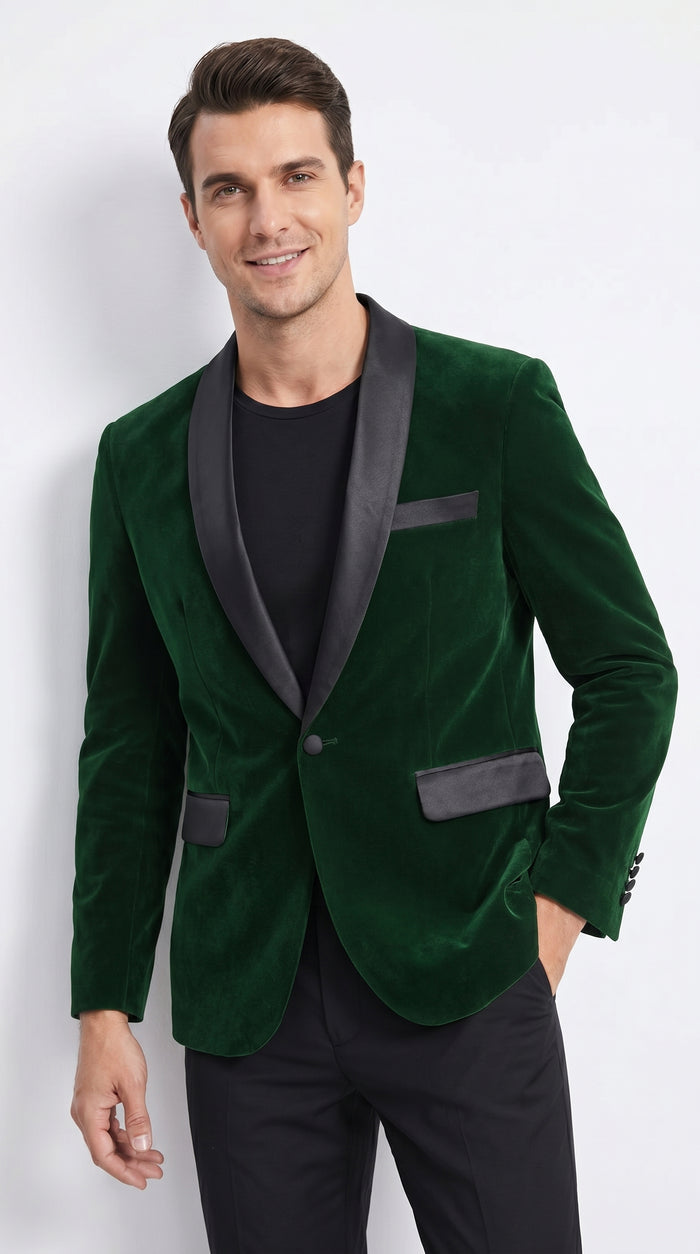 Men’s Emerald Green Velvet Blazer with Black Satin Shawl Lapel, Formal Dinner Jacket