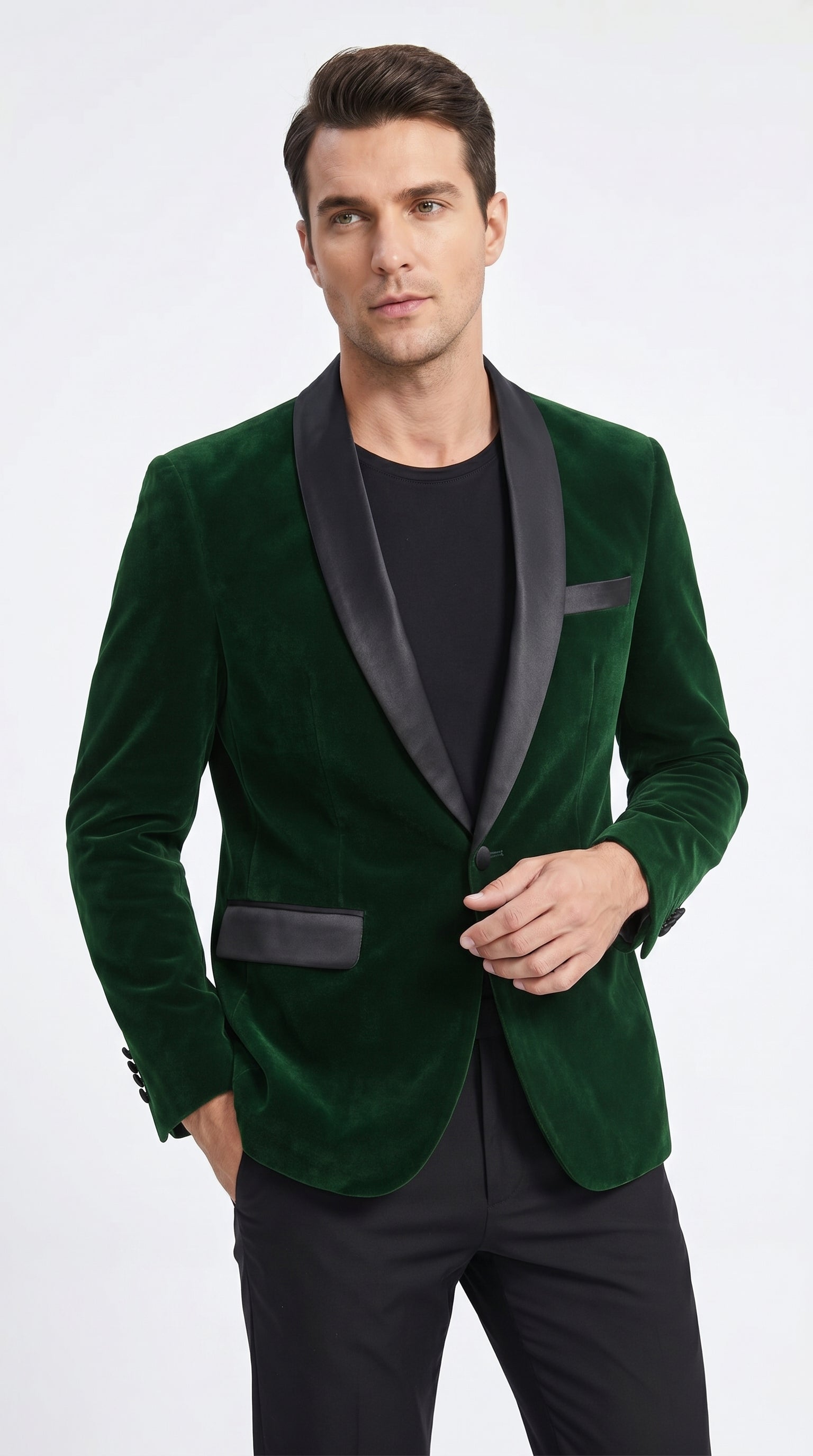 Men’s Emerald Green Velvet Blazer with Black Satin Shawl Lapel, Formal Dinner Jacket