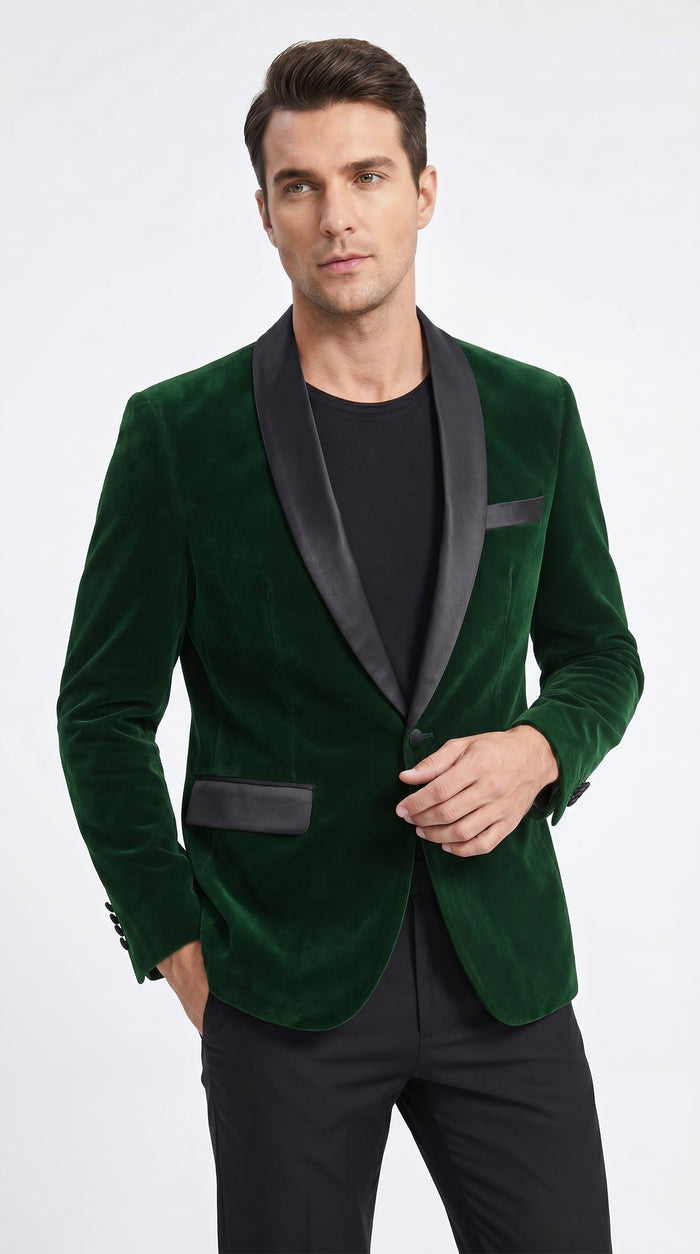 Men’s Emerald Green Velvet Blazer with Black Satin Shawl Lapel, Formal Dinner Jacket