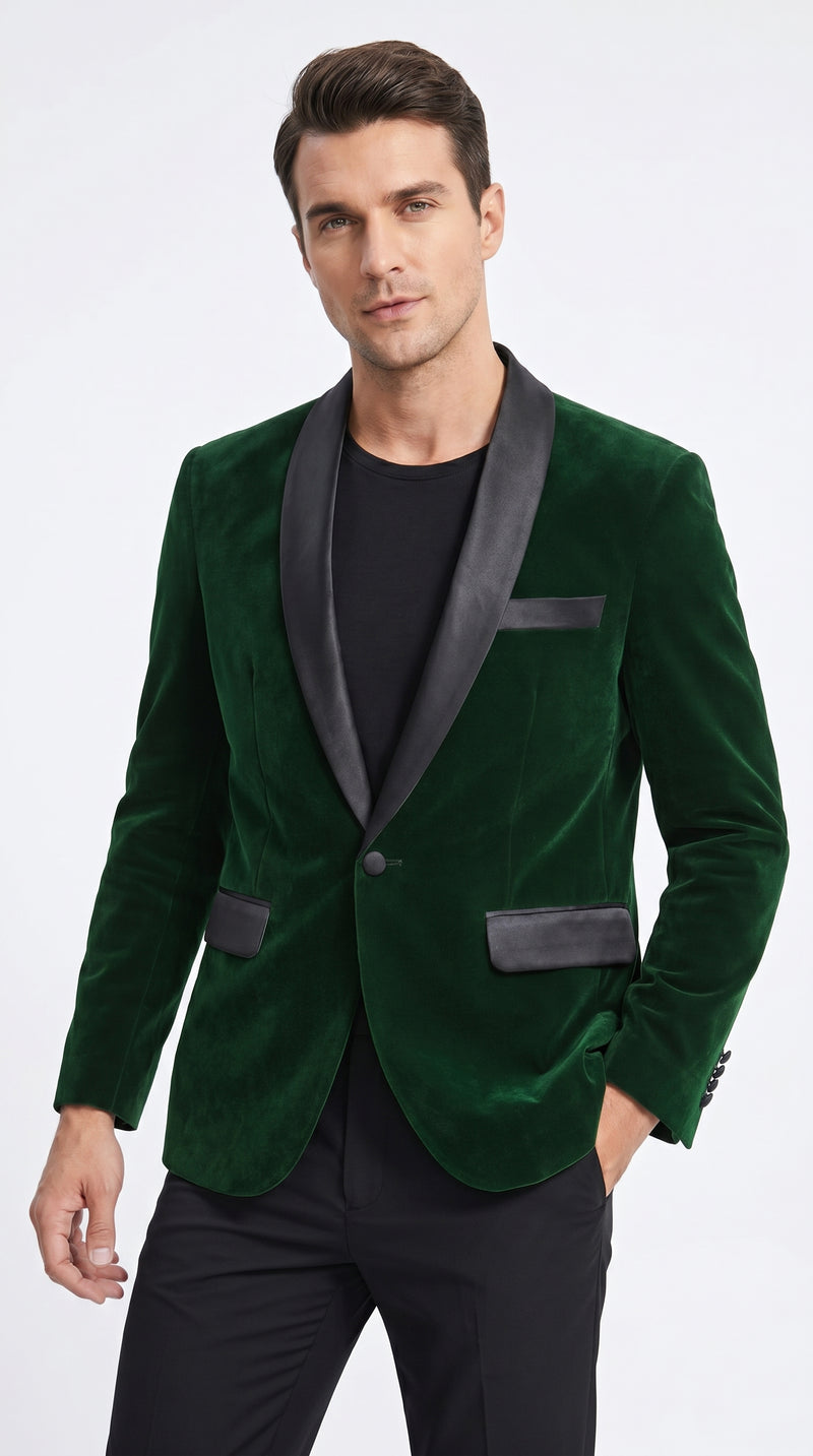 Men’s Emerald Green Velvet Blazer with Black Satin Shawl Lapel, Formal Dinner Jacket