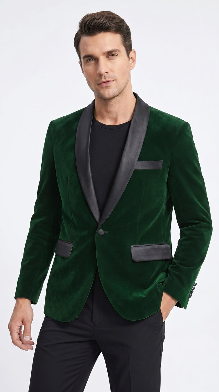 Men’s Emerald Green Velvet Blazer with Black Satin Shawl Lapel, Formal Dinner Jacket