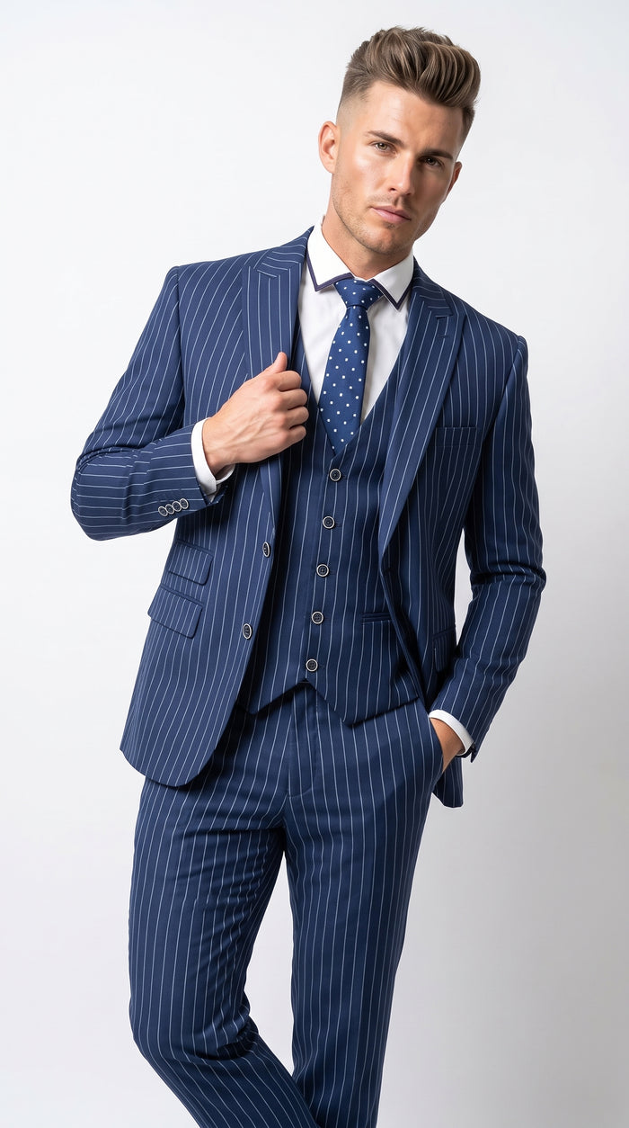 Men’s Navy Blue Vested Bold Gangster Pinstripe Suit, 3 Piece Formal 1920s Dress Suit