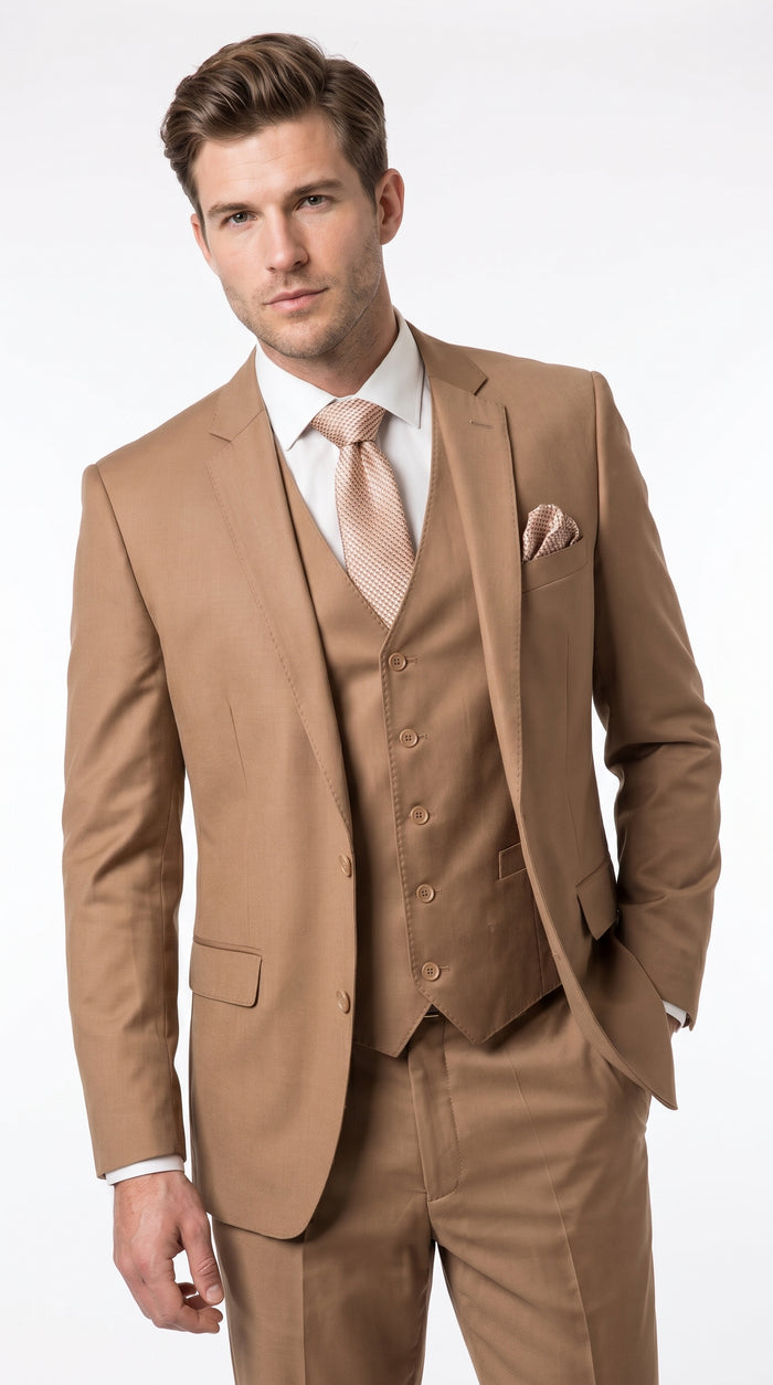 Men’s Caramel 2 Button Modern Fit Vested Wool Suit, Formal Wedding Business Dress Suit