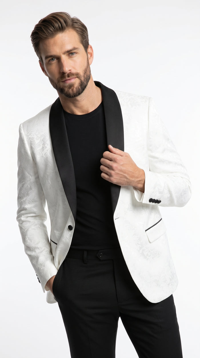 Men’s White Two Tone Paisley Blazer with Black Shawl Lapel, Formal Dinner Jacket