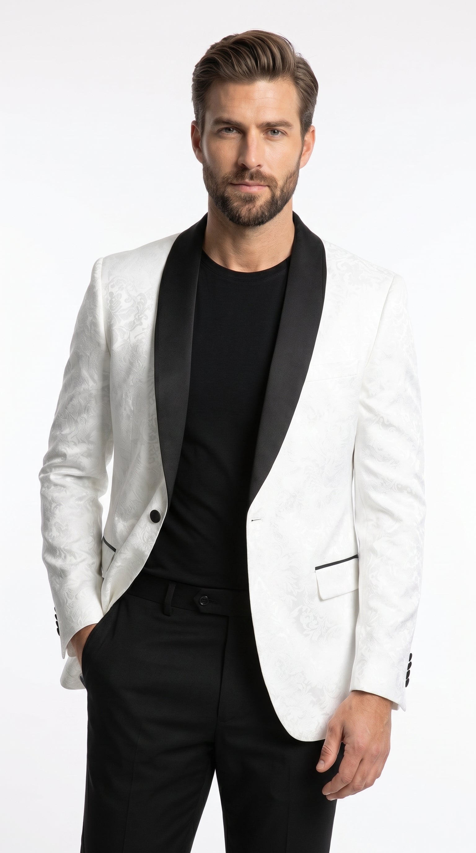 Men’s White Two Tone Paisley Blazer with Black Shawl Lapel, Formal Dinner Jacket