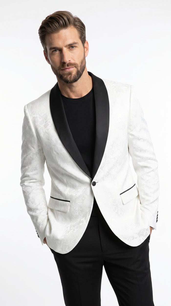Men’s White Two Tone Paisley Blazer with Black Shawl Lapel, Formal Dinner Jacket