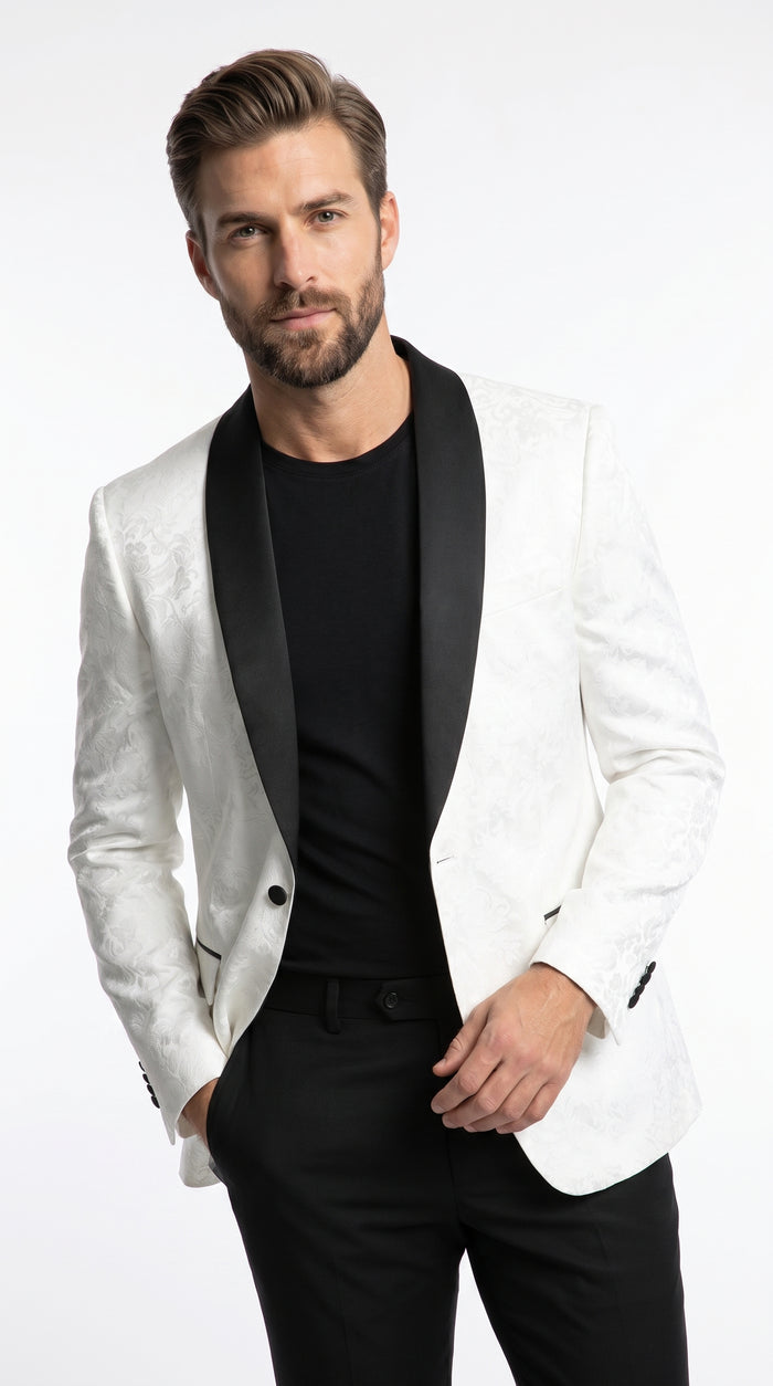 Men’s White Two Tone Paisley Blazer with Black Shawl Lapel, Formal Dinner Jacket