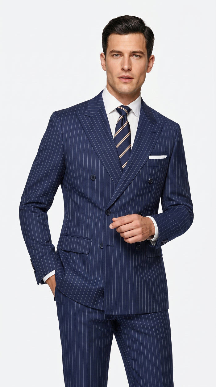 Men’s Navy Blue Double Breasted Pinstripe Suit, 100% Wool Formal Dress Suit