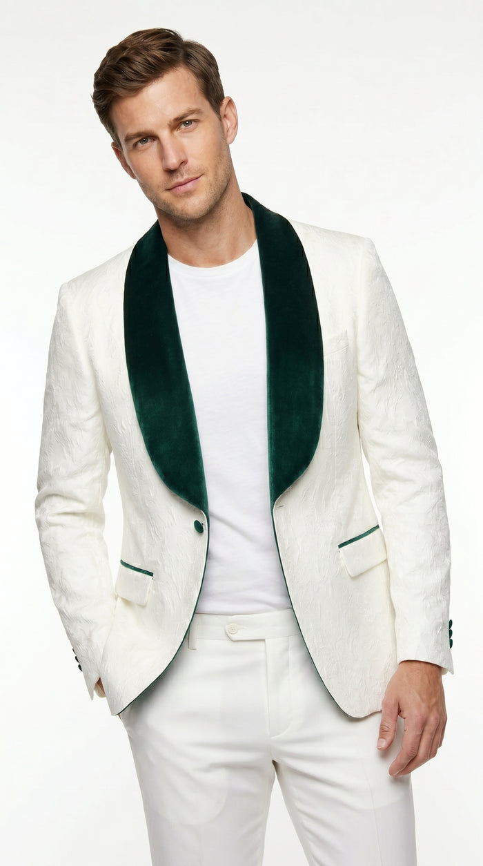 Men’s Ivory and Green Tuxedo Jacket with Velvet Shawl Lapel, Formal Wedding Dinner Blazer