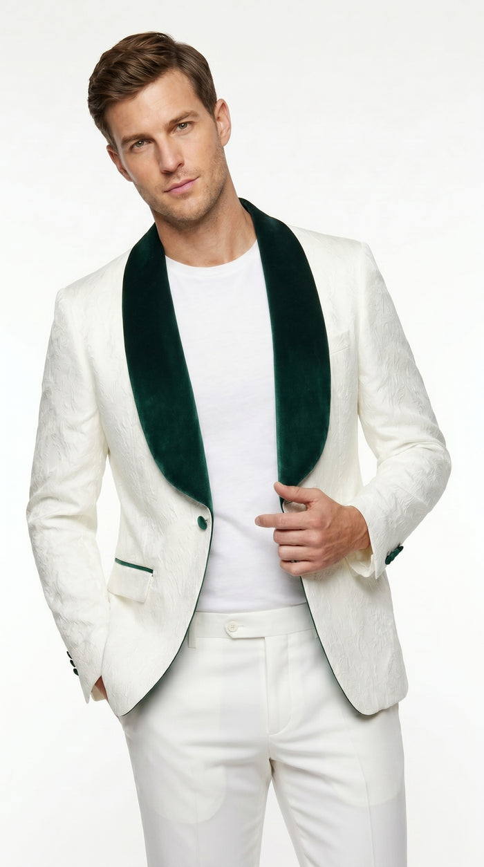Men’s Ivory and Green Tuxedo Jacket with Velvet Shawl Lapel, Formal Wedding Dinner Blazer
