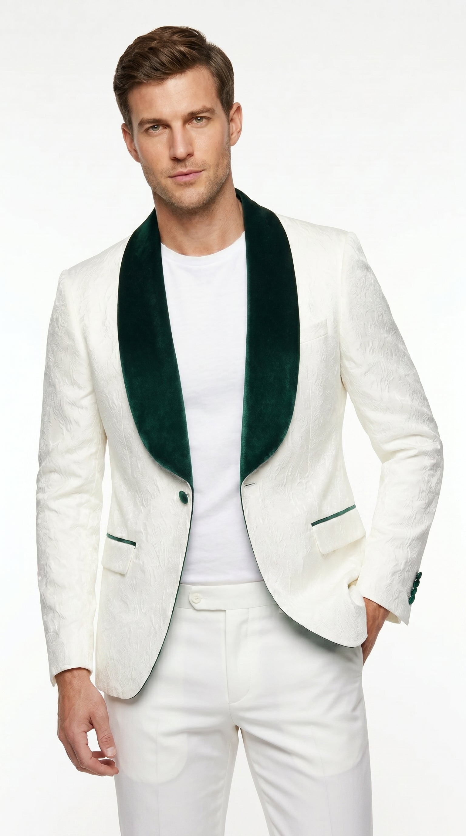 Men’s Ivory and Green Tuxedo Jacket with Velvet Shawl Lapel, Formal Wedding Dinner Blazer
