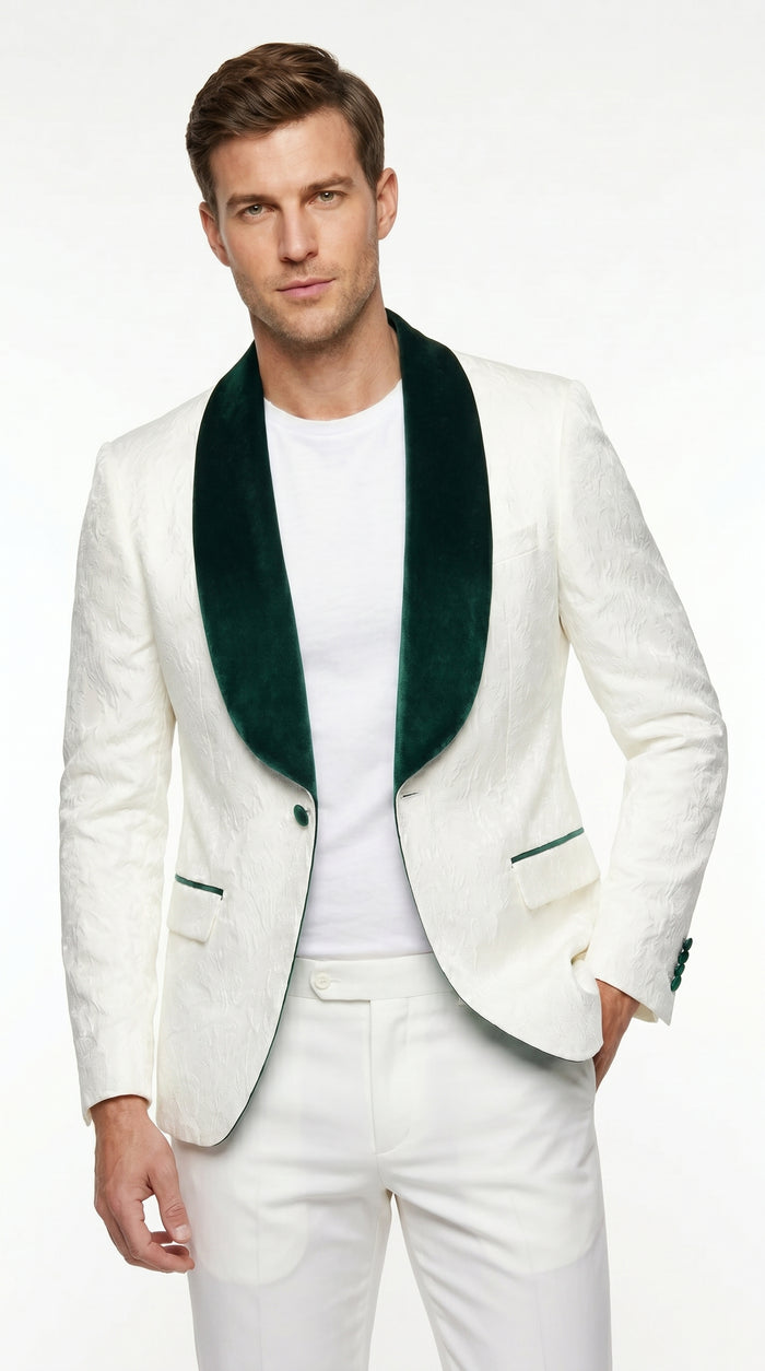Men’s Ivory and Green Tuxedo Jacket with Velvet Shawl Lapel, Formal Wedding Dinner Blazer