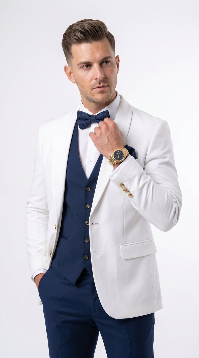 Men’s White and Navy Blue Wedding Suit, White Dinner Jacket with Navy Vest, Pants and Bow Tie
