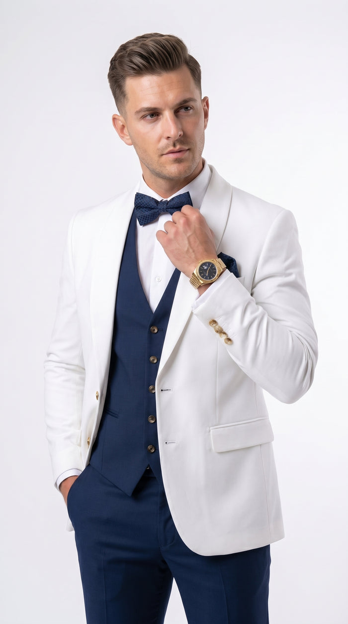 Men’s White and Navy Blue Wedding Suit, White Dinner Jacket with Navy Vest, Pants and Bow Tie