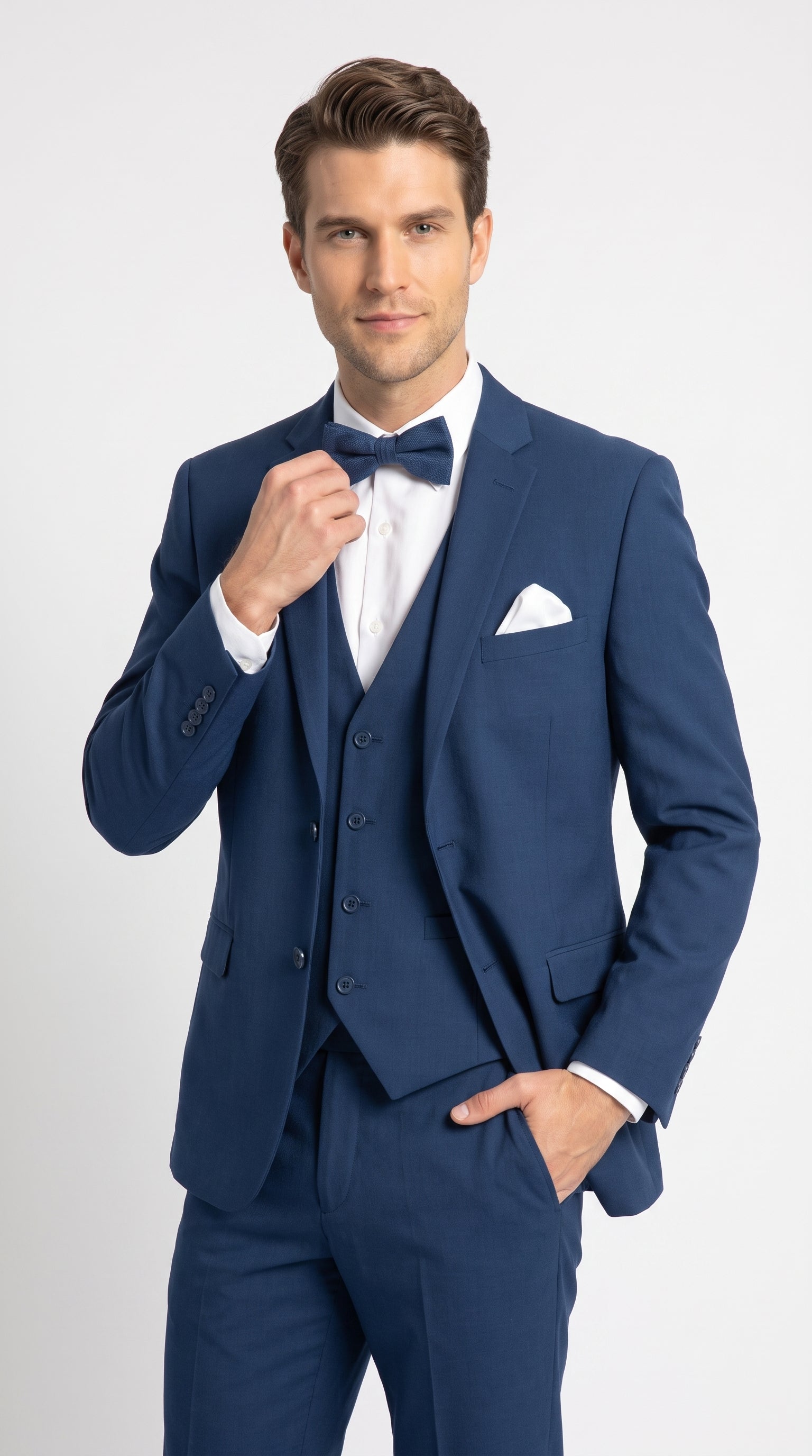 Men’s French Blue Tuxedo Suit with Matching Vest, Bow Tie and Satin Collar