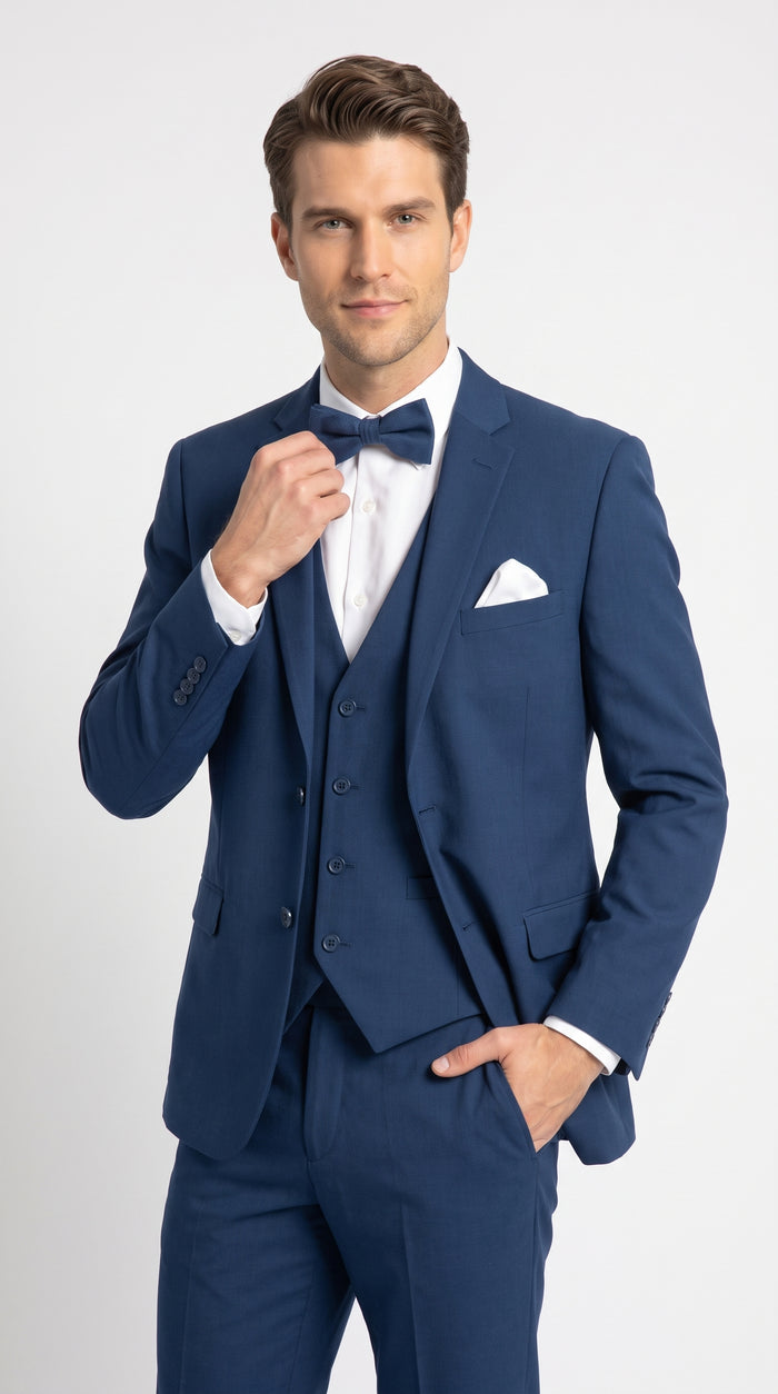 Men’s French Blue Tuxedo Suit with Matching Vest, Bow Tie and Satin Collar