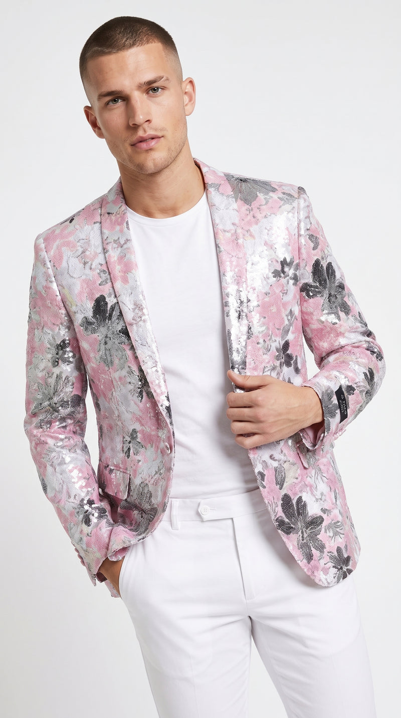 Men’s Pink Paisley Shawl Lapel Prom Tuxedo Jacket – Floral Formal Dinner Jacket for Prom