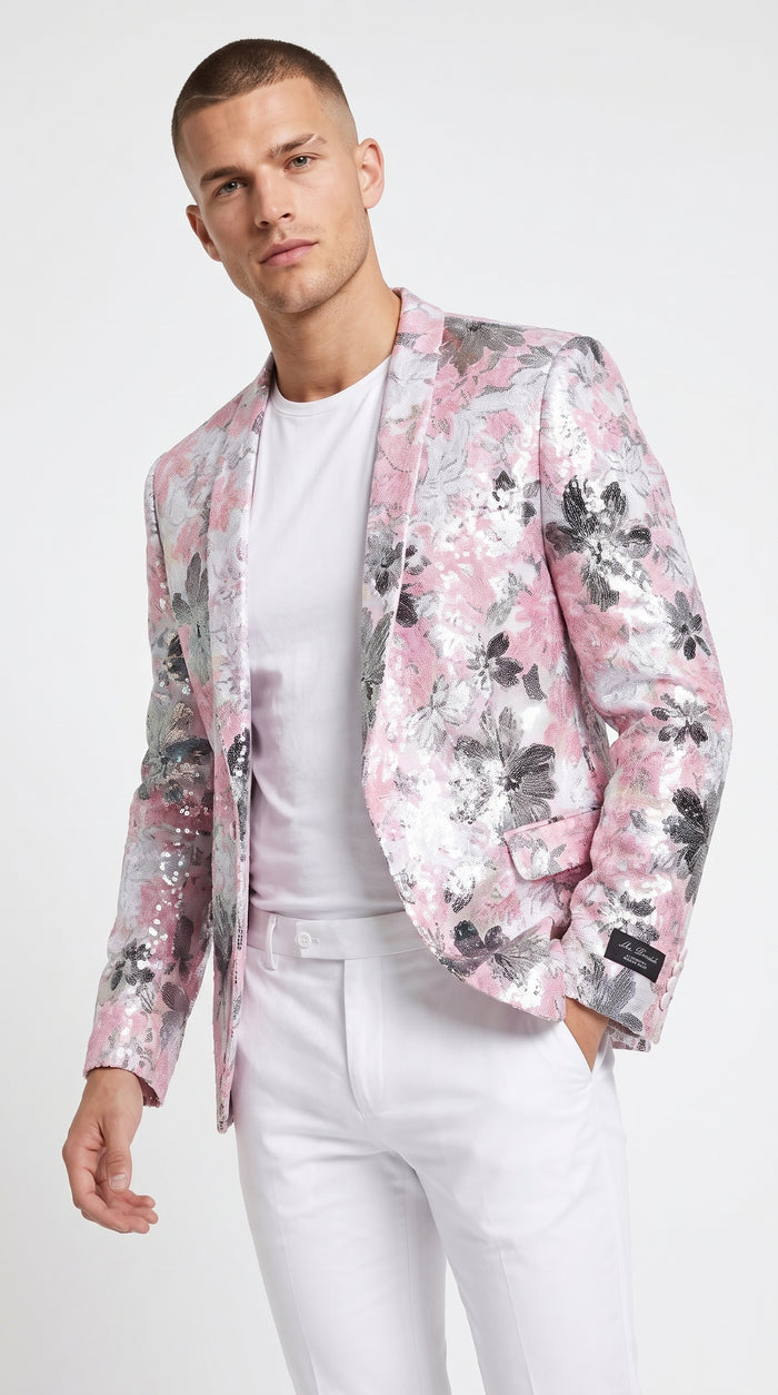 Men’s Pink Paisley Shawl Lapel Prom Tuxedo Jacket – Floral Formal Dinner Jacket for Prom