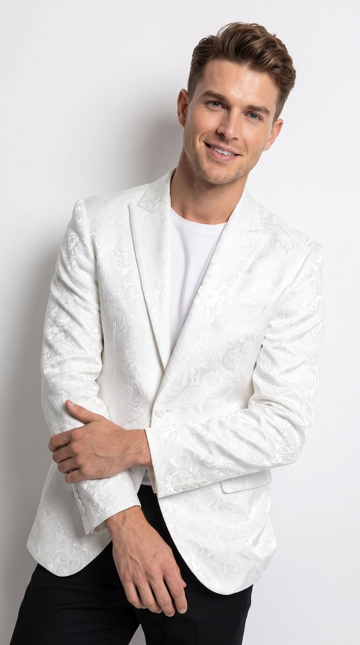 Men’s White Paisley Blazer, Formal Dinner Jacket for Wedding Prom and Special Events