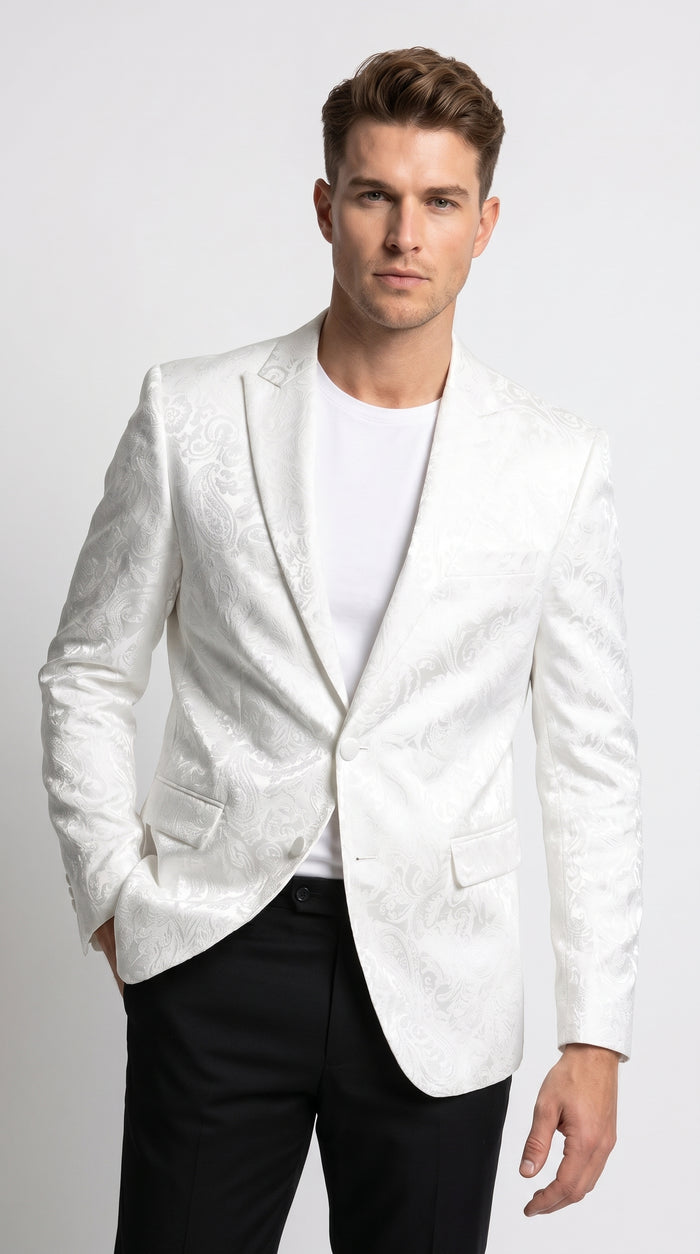 Men’s White Paisley Blazer, Formal Dinner Jacket for Wedding Prom and Special Events