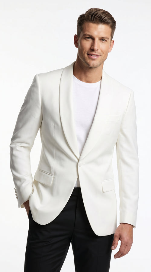 Men’s White Dinner Jacket with Shawl Lapel, Affordable Formal Tuxedo Blazer for Wedding and Prom