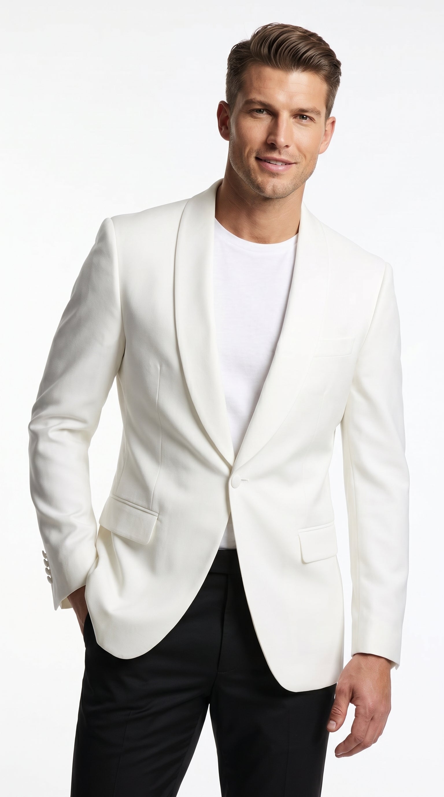 Men’s White Dinner Jacket with Shawl Lapel, Affordable Formal Tuxedo Blazer for Wedding and Prom
