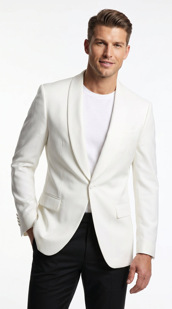 Men’s White Dinner Jacket with Shawl Lapel, Affordable Formal Tuxedo Blazer for Wedding and Prom