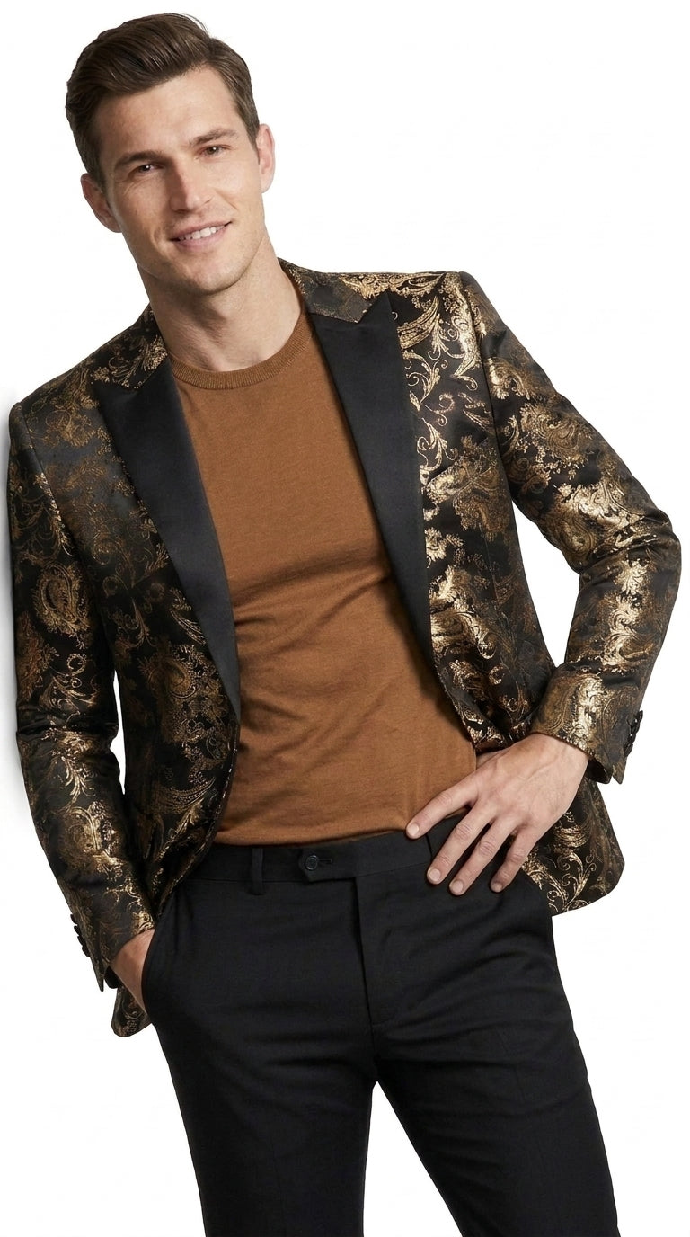 VINCI Men’s Gold and Black Paisley Tuxedo Dinner Jacket – Formal Prom, Wedding and Party Blazer