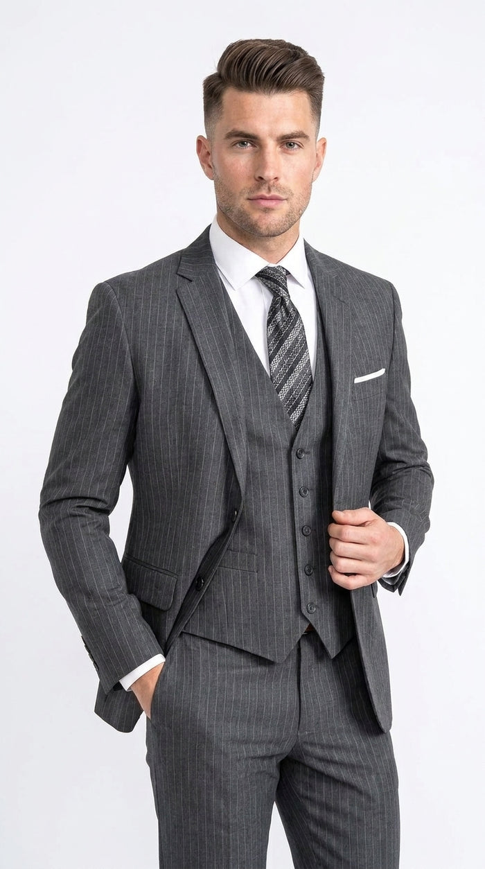 Men’s Charcoal Grey Pinstripe 2 Button Vested Suit, Modern Fit Wool Blend Formal Dress Suit