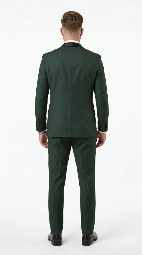 Men’s Hunter Green Vested Tuxedo Suit with Black Trim Shawl Lapel, Wedding Prom Formal Suit Set