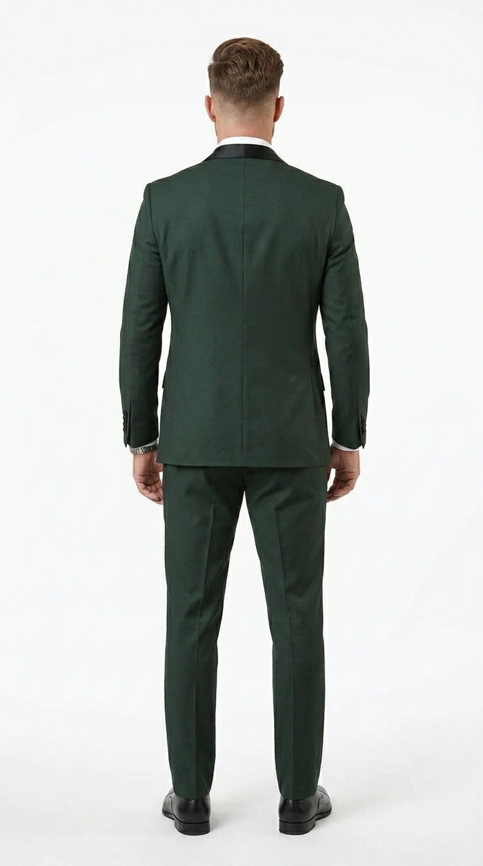Men’s Hunter Green Vested Tuxedo Suit with Black Trim Shawl Lapel, Wedding Prom Formal Suit Set