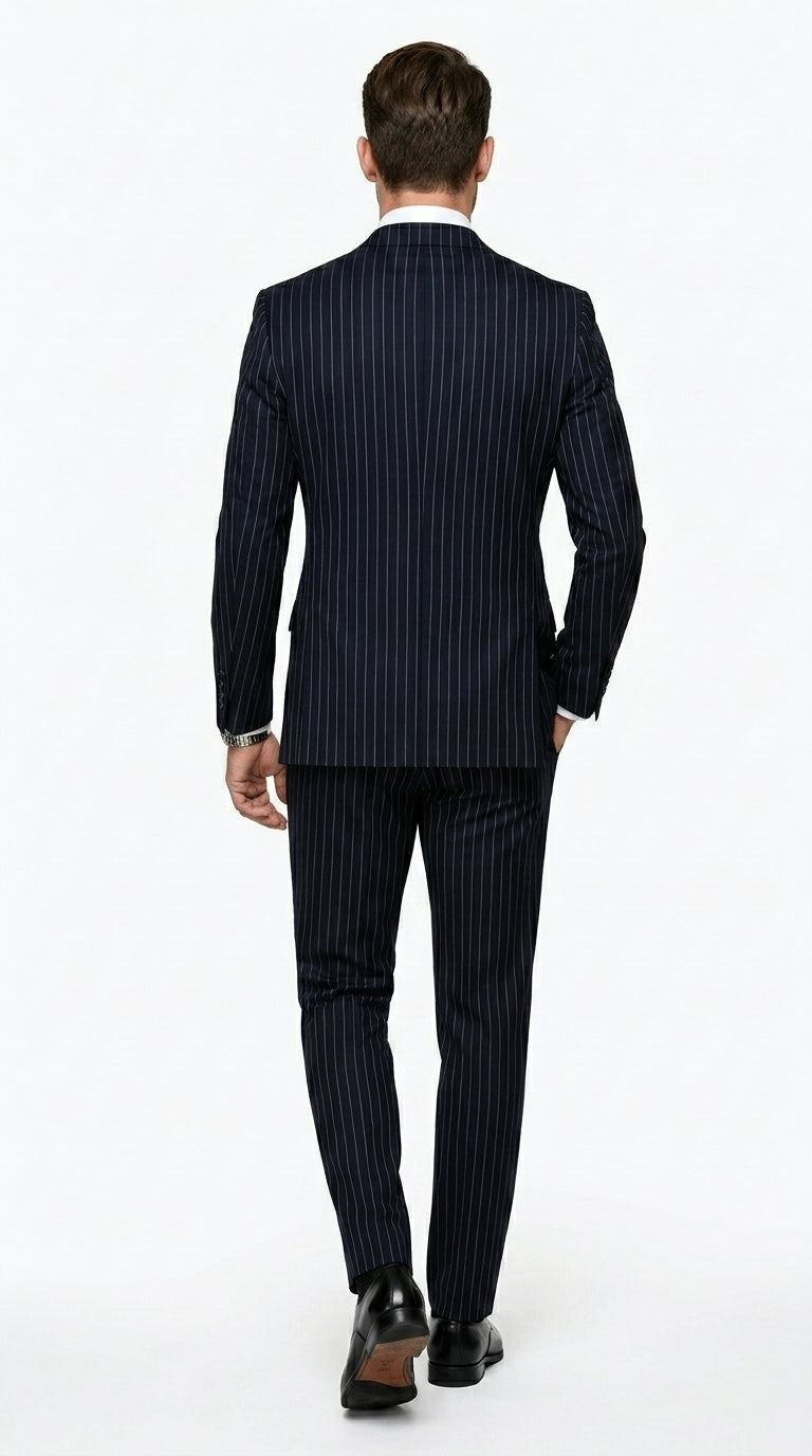 Men’s Navy Pinstripe Double Breasted Suit, Statement Formal Wedding Business Dress Suit