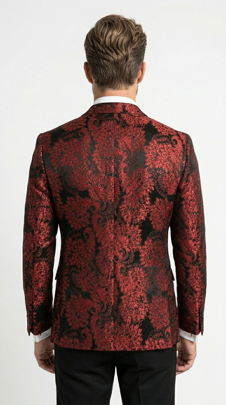 Men’s Red and Black Retro Paris Floral Suit, Designer Formal Wedding Prom Party Blazer Set