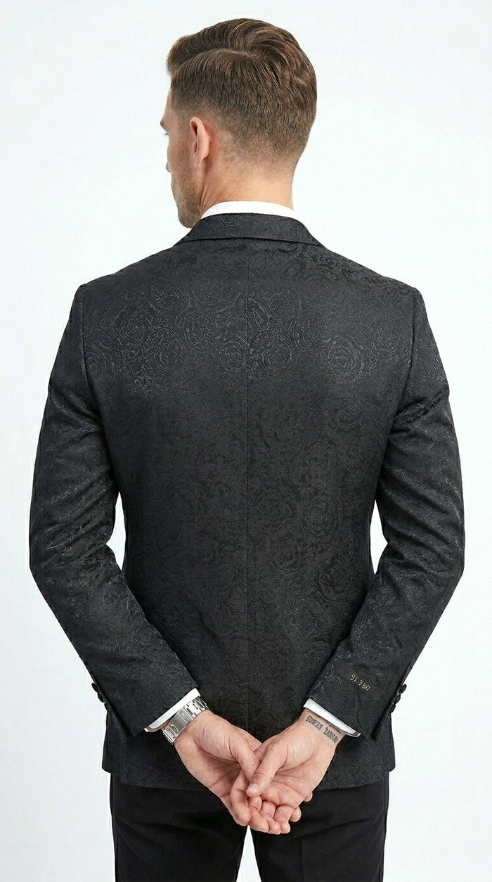 Men’s Black Floral Patterned Tuxedo Jacket, Formal Wedding Prom Dinner Blazer with Shawl Lapel