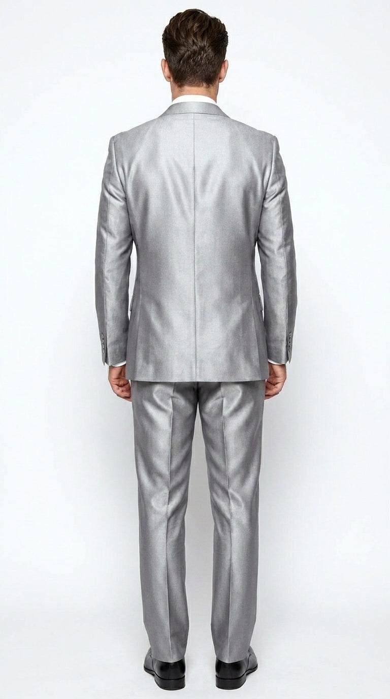 Men’s Silver Shiny Sharkskin 2 Button Suit, Peak Lapel Formal Wedding Prom Dress Suit Set