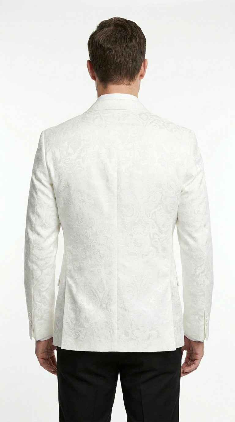 Men’s White Floral Satin Dinner Jacket – Shiny Paisley Tuxedo Blazer for Wedding, Prom, Stage & Party Wear