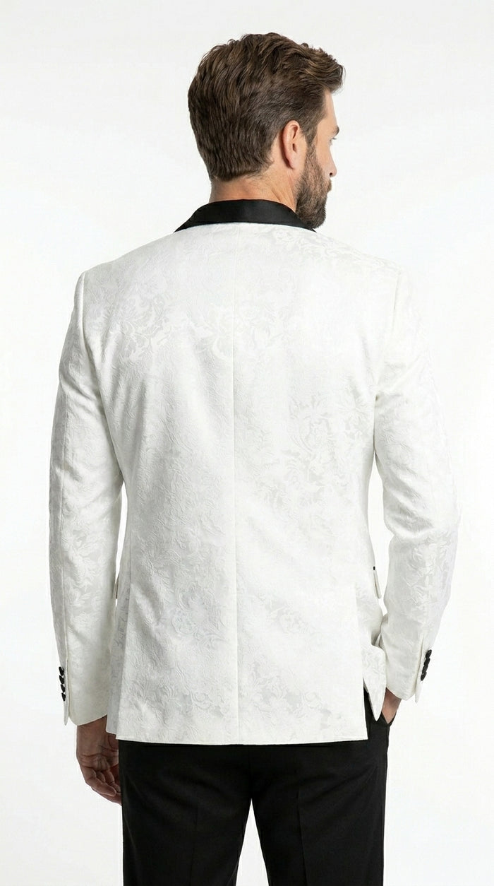 Men’s White Two Tone Paisley Blazer with Black Shawl Lapel, Formal Dinner Jacket