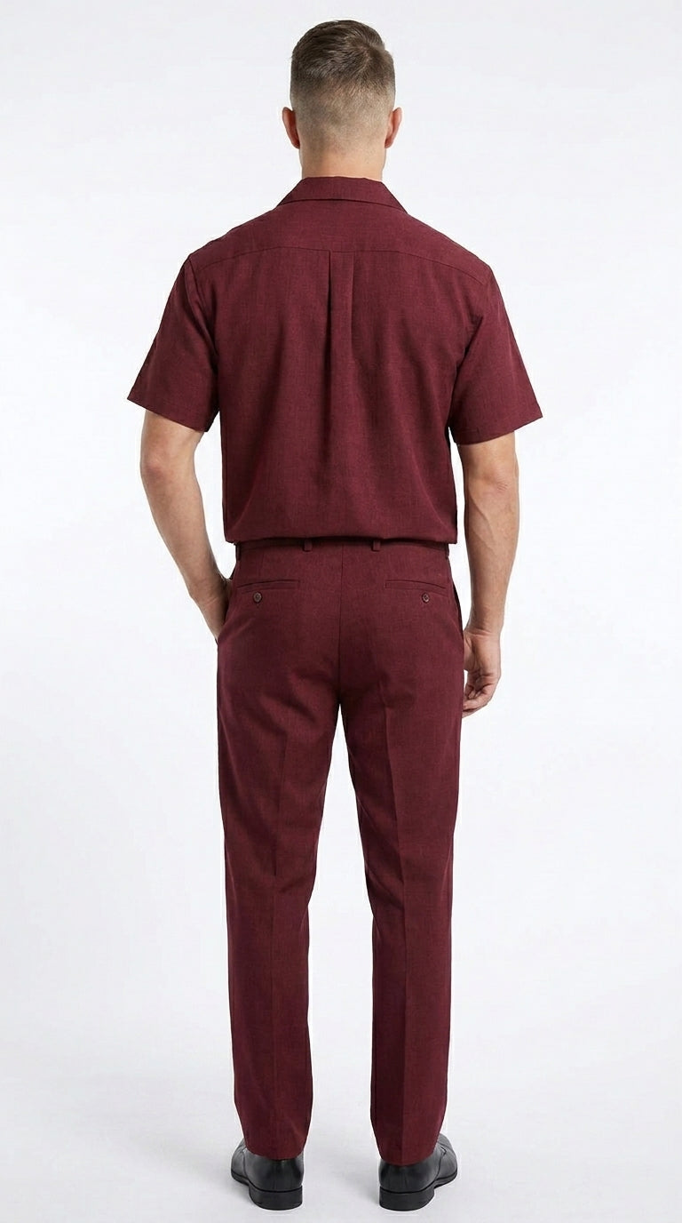 Men’s Burgundy 100% Linen Walking Suit, Short Sleeve Shirt and Matching Pants Casual 2 Piece Set