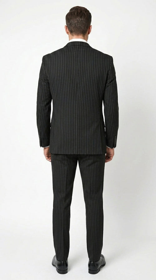 Men’s Black Gangster Pinstripe Suit with Double Breasted Vest, 2 Button Formal 1920s Dress Suit