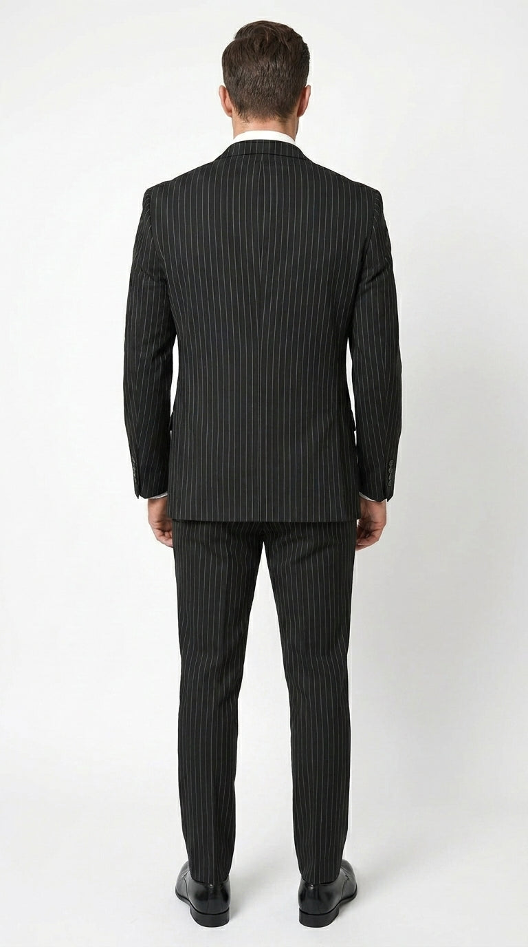Men’s Black Gangster Pinstripe Suit with Double Breasted Vest, 2 Button Formal 1920s Dress Suit