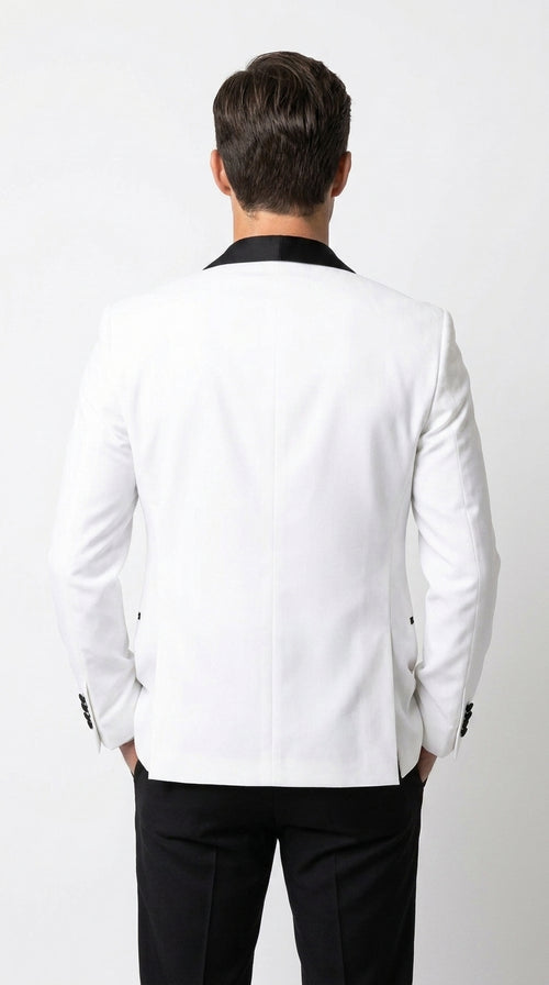 Men’s White Tuxedo Dinner Jacket with Black Shawl Lapel, Formal Wedding Prom Blazer
